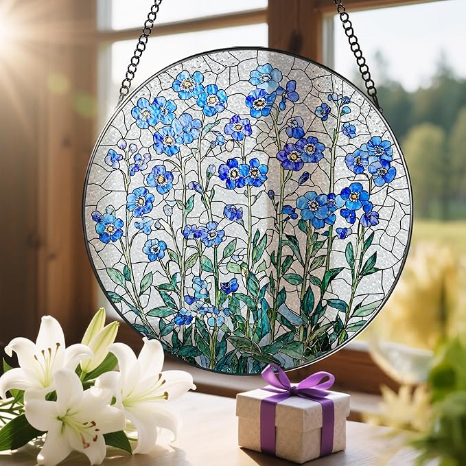 8 Inch Stained Glass Window Hanging, Forget Me Not Flower Stained Glass Suncatcher, Window Decor, Plant Lover Gift for Women, Forget Me Not Gifts for Couples, Best Friend, Family, Colleague, Classmate
