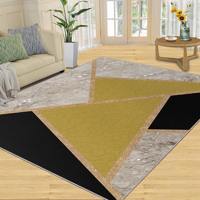 Geometric Marble Area Rugs for Living Room Black Gold Marble Rug Triangular Geometric Carpet Modern Minimalist Door Mat for Bedroom Hardwood Floors 7x9ft