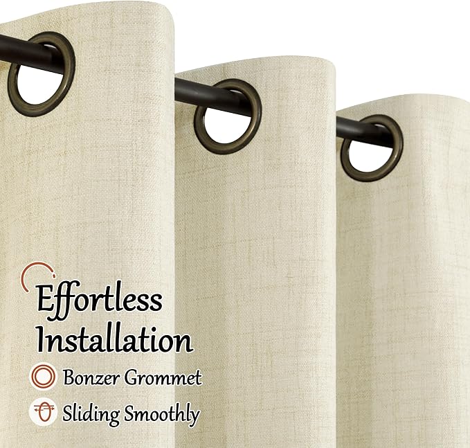 Lajode Cream 100% Blackout Curtains for Living Room 95 Inch Length 2 Panels Set, Thermal Insulated Light Blocking Faux Linen Curtains for Bedroom, Bronze Grommet Boho Window Drape Each 52" Wide