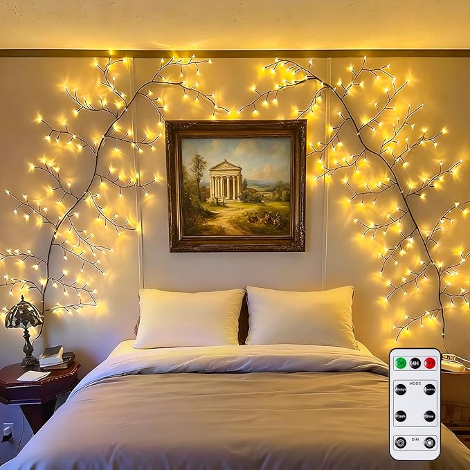 GOESWELL Enchanted Willow Vine Lights with Remote: 7.5Ft 144 LEDs Brown Twig Tree Branch Lights with Timer Dimmer for Indoor Living Room Bedroom Forest Boho Farmhouse Christmas Decor
