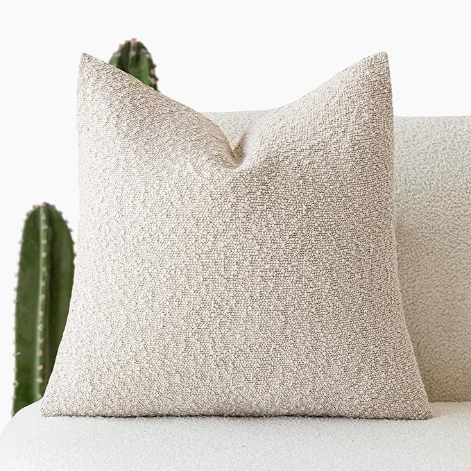 Foindtower Textured Boucle Throw Pillow Covers Accent Solid Pillow Cases Cozy Soft Decorative Couch Cushion Case for Chair Sofa Bedroom Living Room Home Decor, 18 x 18 Inch,Light Beige