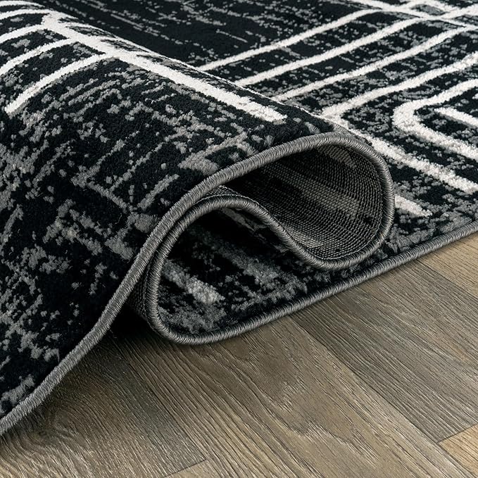 Rugshop Black and White Geometric Area Rug – Abstract Curved Line and Square Pattern Carpet for Living Room, Bedroom, or Office – Contemporary Soft Floor Décor 4' x 6' Black