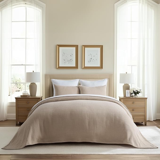 EVERGRACEHOME Cotton Gauze Full Queen Bedspread, Ultra Soft Prewashed Pick Stitch Matelassé Coverlet, Lightweight Textured Oversized Queen Quilt Bedding Set for All Season, with 2 Shams, Tan