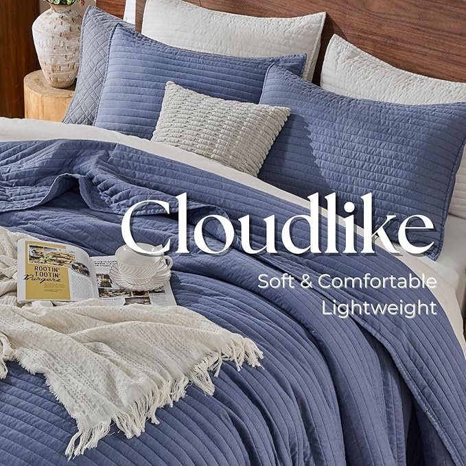 DOWN HOME King Quilt Bedding Set with Shams, Vintage Washed Soft Quilted Blanket Thin Comforter Lightweight Bedspread Coverlet Bed Cover, Brushed Microfiber Stripe Stitching, Vintage Denim, 104"x90"