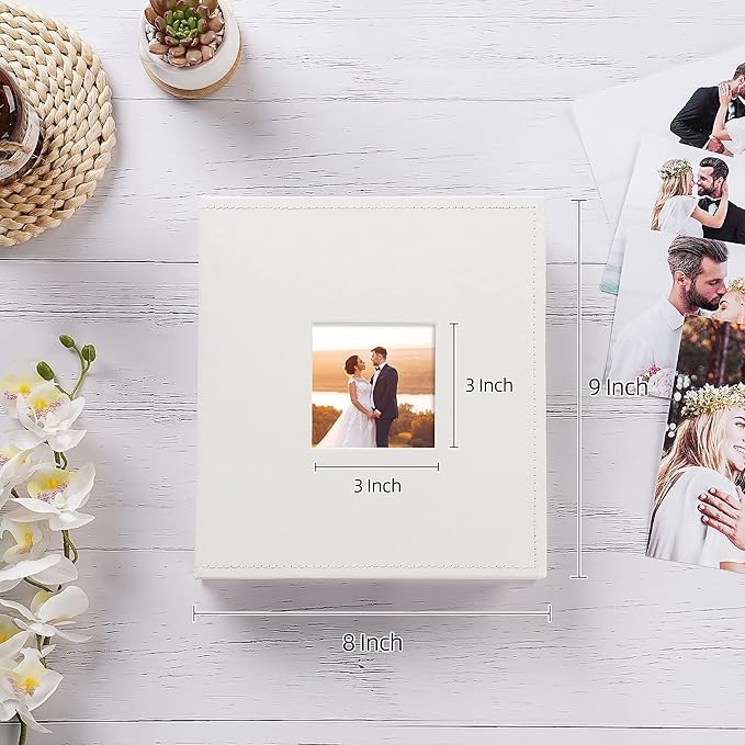 potricher Small Photo Album 4x6 200 Photos Leather Cover Picture Book with 200 Horizontal Pockets for Family Wedding Anniversary and Baby (White)