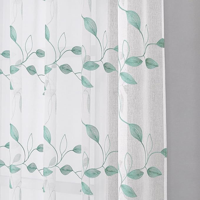 Tollpiz Teal Blue Leaf Sheer Curtain Leaves Embroidered Living Room Short Curtains Rod Pocket Voile Window Treatment for Bedroom, 54 x 54 inches Long, Set of 2 Panels