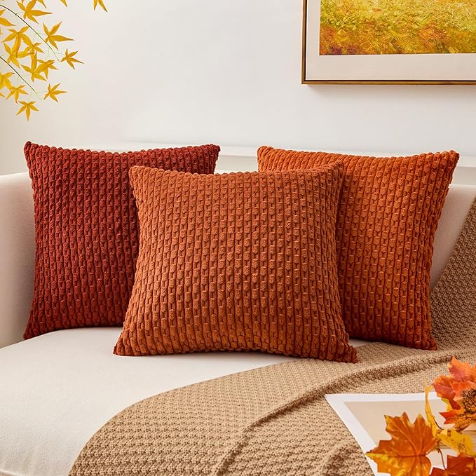 Kevin Textile Fall Pack of 2 Corduroy Decorative Throw Pillow Covers 22x22 Inch Soft Boho Striped Pillow Covers Modern Farmhouse Home Decor for Spring Sofa Living Room Couch Bed Burnt Brick