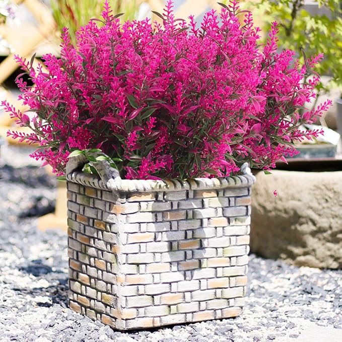 RECUTMS 8 Bundles Artificial Flowers Fake Outdoor Plants Faux Lavender Flower Plastic Shrubs Faux Flowers Fake Ferns Winter Artificial Fowers for Outdoors Indoor Outside Hanging Decorations (Fuchsia)