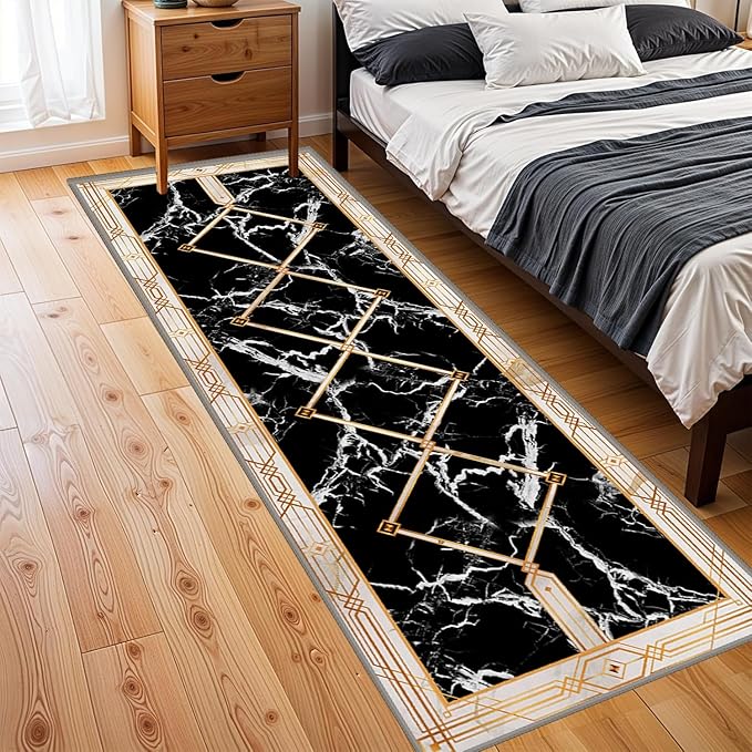 Abstract Marble Texture Throw Carpet Runner for Entrance, 4x10ft, Luxury Gold Geometric Line Bedroom Rug, Dirty Resistant Absorbent Bathroom Decor Washable Area Carpet for Office