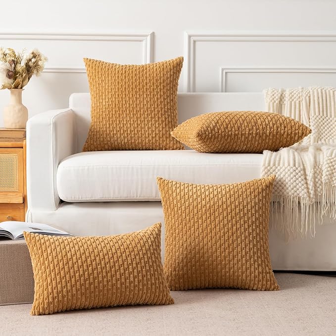 Kevin Textile Throw Pillow Covers Soft Corduroy Decorative Set of 2 Boho Striped Pillow Covers Pillowcases Farmhouse Home Decor for Couch Bed Sofa Living Room 12x20 Inch Gold