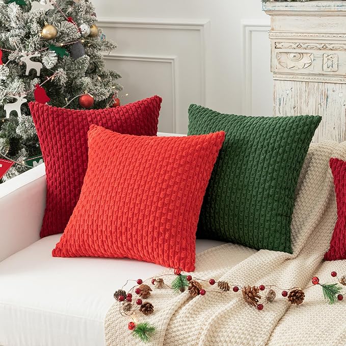 Kevin Textile Pack of 2 Christmas Corduroy Decorative Throw Pillow Covers 22x22 Inch Soft Boho Striped Pillow Covers Modern Farmhouse Home Decor for Spring Sofa Living Room Couch Bed Burgundy