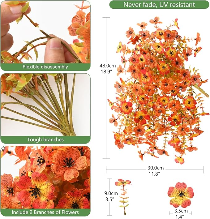 INQCMY Artificial Fall Flowers for Outdoors Realistic Faux Autumn Hanging Plants 2Pcs Fake Mums Fake Flowers for Porch Patio Outdoor Decor Home Decor UV Resistant (Orange Sunset Red)