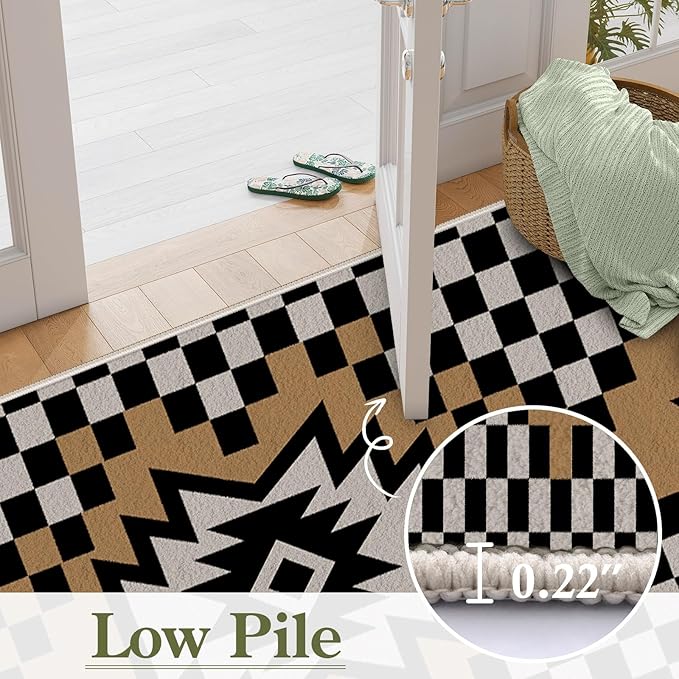 Western Aztec Long Hallway Rug Runners, 1.3x7ft, Modern Brown Diamond Check Area Carpet for Living Room, Easy Clean Fade Resistant Durable Foldable Pet Friendly Rugs for Front Door