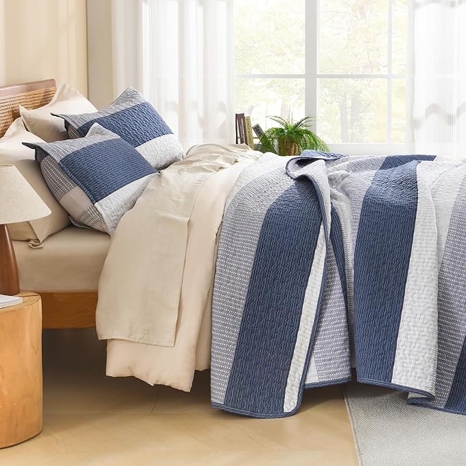 Litanika Twin Quilt Set Mineral Blue, 68x86 Stripe Bedspread Coverlet 2 Pieces, Mineral Blue Lightweight Quilted Bedding Set for All Season(Twin-1 Quilt, 1 Pillowcase)