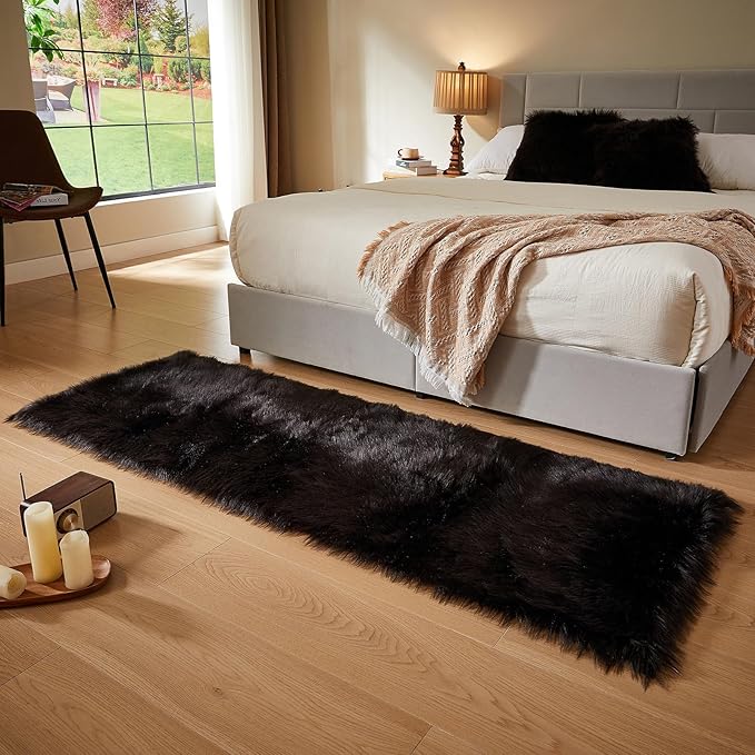 AMTOVO Faux Fur Rug, Black Ultra Soft Fluffy Shag Sheepskin Rug, 2 x 6 ft Runner Area Rugs for Bedroom Sofa Throw Cushion Room Decor, Rectangle