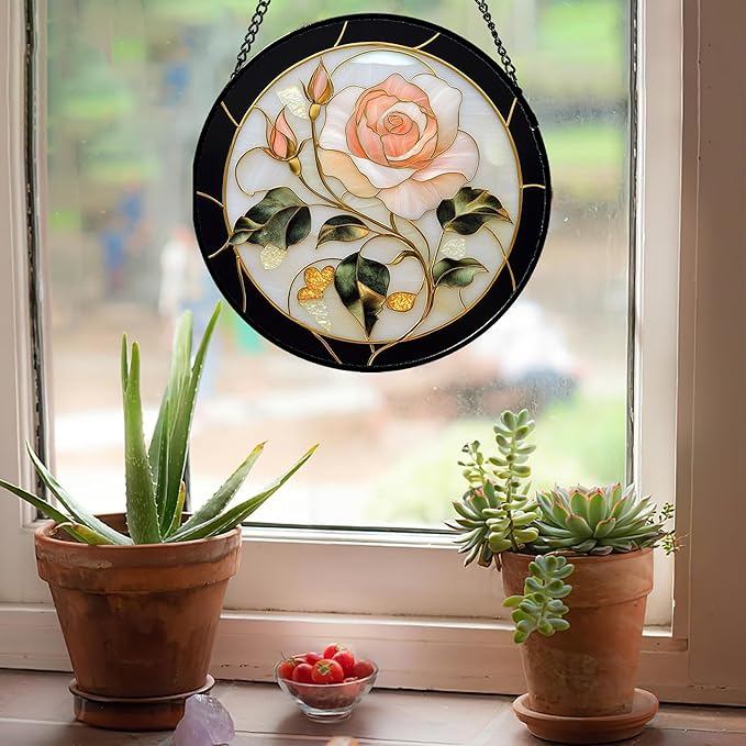 Stained Glass Window Hanging - Black White Pink Rose Sun Catcher for Door Home Decor Flower Suncatcher Christmas Mother's Day Birthday Gifts for Women Men Lovers Mom Nana 15 in