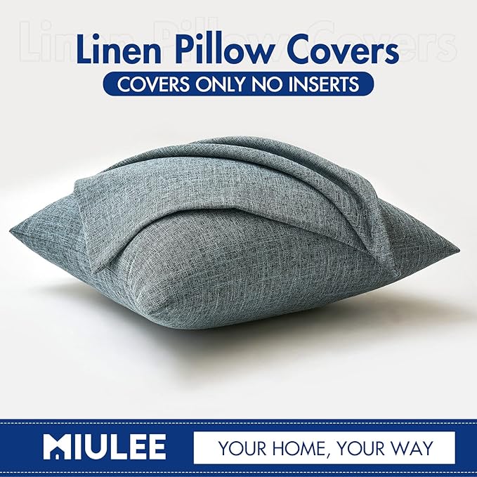 MIULEE Pack of 2 Decorative Linen Burlap Textured Pillow Covers Farmhouse Boho Accent Pillowcases Spring Coastal Home Decor for Couch Sofa Bedroom Living Room 20x20 Inch Grey Blue