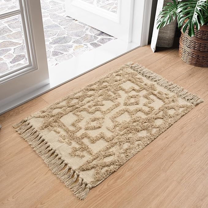 Uphome Boho Bathroom Rug 2' x 3', Small Farmhouse Kitchen Rugs with Tassels, Khaki Washable Front Door Mat, Cotton Woven Moroccan Tufted Throw Rug for Bedroom Entryway Laundry Living Room