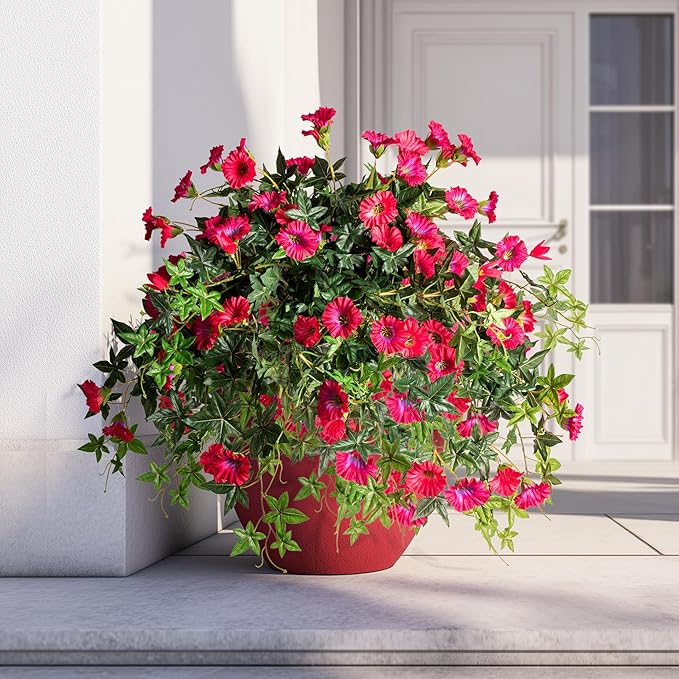 Artificial Flowers Artificial Petunias for Outdoors Artificial Hanging Plants Outdoor Silk Flowers with Stems Outdoor Flowers Uv Resistant for Porch Decor Terrace Decor，Rose Red with Pot 2PCS