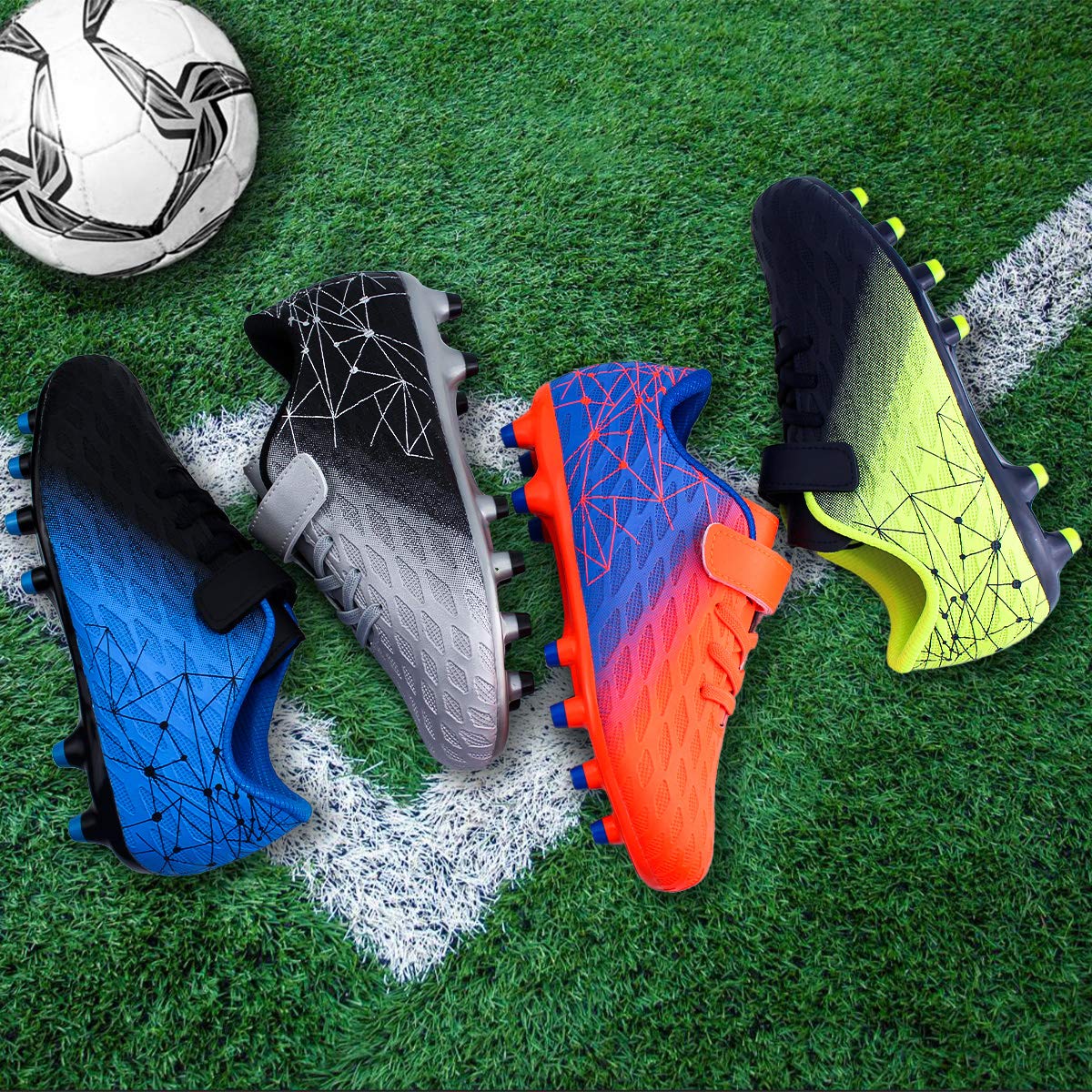 brooman Kids Firm Ground Soccer Cleats Boys Girls Athletic Outdoor Football Shoes(3.5,Black Blue)