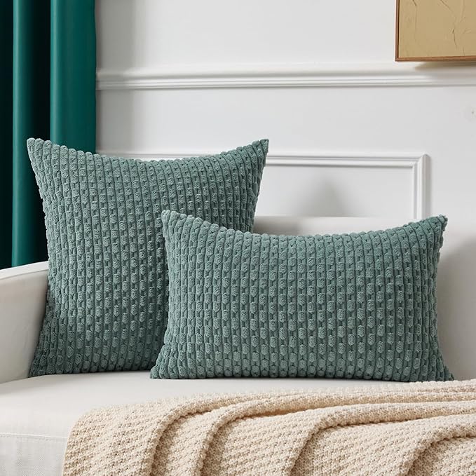 Kevin Textile Decorative Pillow Covers Set of 2 Striped Plush Corduroy Pillows Pillowcases Boho Home Decor Cushion Covers for Couch Sofa Bed Living Room 18x18 Inch, Teal Green