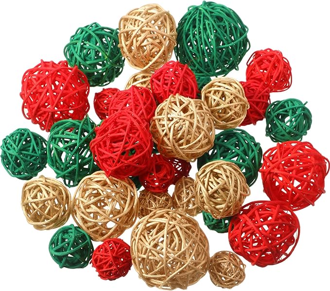 Patelai 36 Pcs Wicker Rattan Balls Decorative Balls for Vase Centerpiece Bowls Orbs Filler for Home Decor,4 Sizes(Red, Green, Gold)