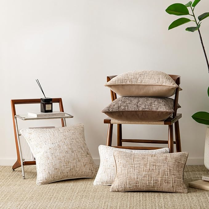 a moment Christmas Beige Reversible Pillow Covers 2 Pack - Farmhouse Chenille Throw Pillows, Neutral Textured Decorative Throw Pillow Covers with Border for Couch Sofa Bed (18x18 Inch, No Insert)