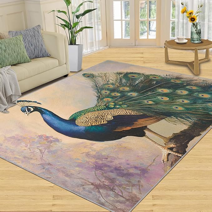 Peacock 5x6Area Rugs for Living Room, Classic Animal Washable Non Slip Rugs, Gorgeous Feathers Low Pile Print Rug for Bedroom, Dining Room, Home Office