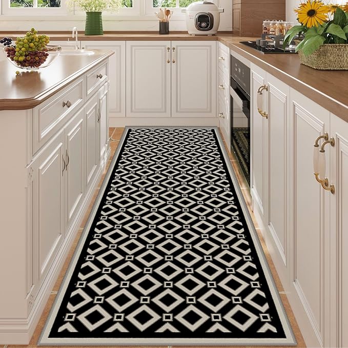 Moroccan Trellis Bedroom Area Carpets, 3.3x7ft, Modern Checkered Washable Hallway Runner Rugs, with Non Slip Backing Durable Cozy Low Pile Rug for Kitchen Bath Room Laundryroom