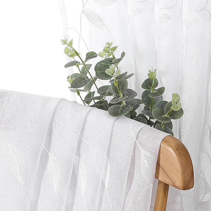 Tollpiz White Leaf Sheer Curtains Leaves Embroidered Living Room Short Curtain Rod Pocket Voile Window Treatments for Bedroom, 54 x 45 inches Long, Set of 2 Panels