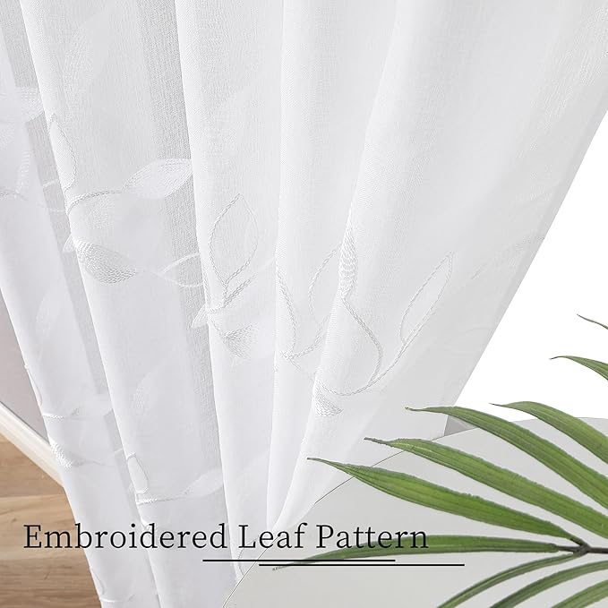 Tollpiz White Leaf Sheer Curtains Leaves Embroidered Living Room Short Curtain Rod Pocket Voile Window Treatments for Bedroom, 54 x 45 inches Long, Set of 2 Panels