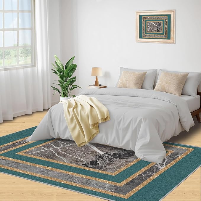 Emerald Green Marble Rug Luxury Teal Marble Area Rug Gilded Geometric Carpet Vintage Stone Crack Carpet for Bedroom Bedside Living Room 5x7ft