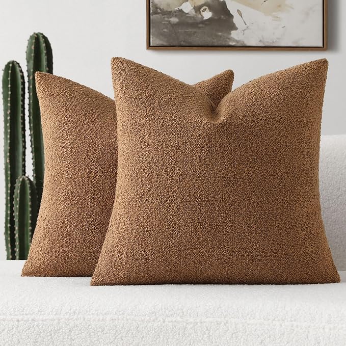 FUTEI Pack of 2 Tobacco Decorative Throw Pillow Covers 18x18 Inch Soft Cozy Solid Boucle Textured Cushion Case,Modern Home Decor for Couch Bed Living Room