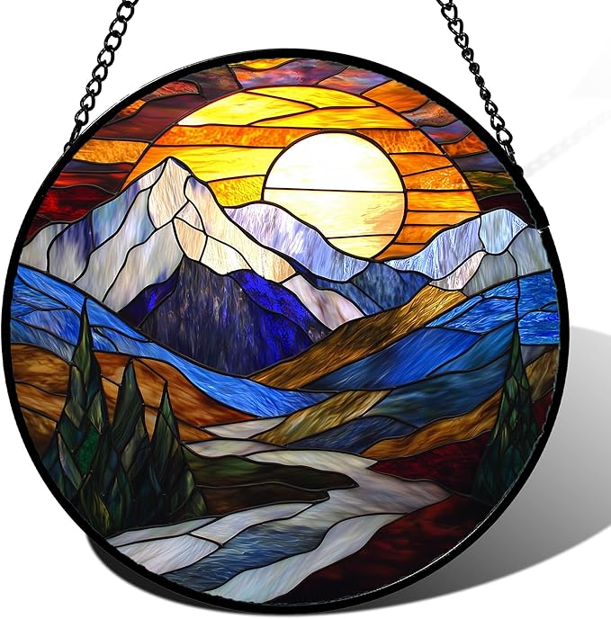 Stained Glass Window Hanging, Yellow Blue Sunset Mountains Scenery Sun Catcher for Window Home Decor Landscape Suncatcher Mother's Day Birthday Gifts for Women Men Mom and Nana 7.8 in