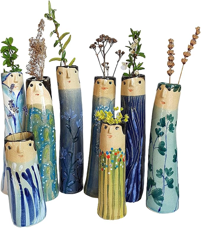 Spring Bud Vases, Bohemian Family Face Vase Boho Cute Home Decor, Character Vase Flower Plant Holder Bathroom Shelf Decor for House Decor Living Room Wedding Centerpieces (E)