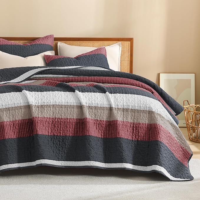 Litanika Quilt King Size Black and Red, Stripe Patchwork Summer Bedspread Coverlet 3 Pieces, Soft Lightweight Microfiber Quilted Bedding Set for All Season(1 Quilt, 2 Pillowcases)