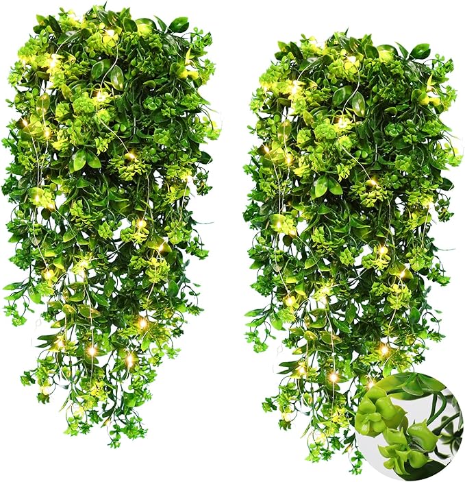RECUTMS Artificial Hanging Plant Indoor Faux Plants Outdoor Large 2pcs Hanging Greenery with LED Lights Strings Silk Rose Flowers Plastic Leaves Decor for Party Wedding House Patio (Green)
