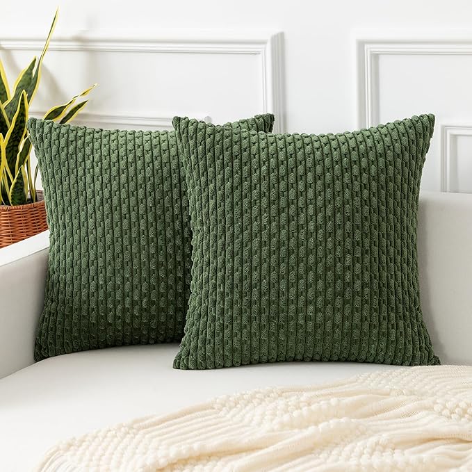 Kevin Textile Throw Pillow Covers Soft Corduroy Decorative Set of 2 Boho Striped Pillow Covers Pillowcases Farmhouse Home Decor for Couch Bed Sofa Living Room 18x18 Inch Moss Green