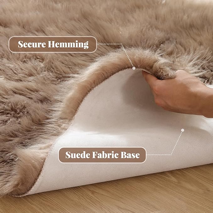 Beige Fuzzy Living Room Washable Area Rug 5ft Round Shag Faux Sheepskin Nursery Rug for Bedroom Teen Room Home Decor Soft Fluffy Circle Carpet