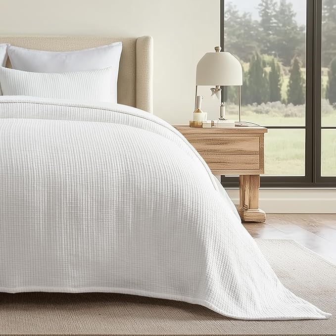 EVERGRACEHOME Cotton Gauze King Bedspread, Ultra Soft Prewashed Pick Stitch Matelassé Coverlet, Lightweight Textured Oversized King Quilt Bedding Set for All Season, with 2 Shams, Ivory White