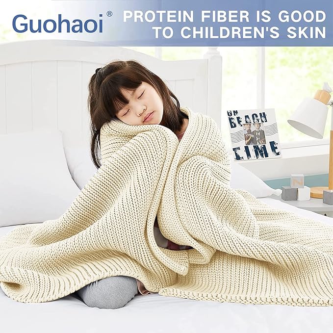 Guohaoi Knitted Weighted Blanket for Adults (Cream 50"x75" 12lbs) No Beads Cooling Throw Blanket for Hot Sleepers, Home Decor Breathable Chunky Knit Heavy Blanket Use on Full Size Bed