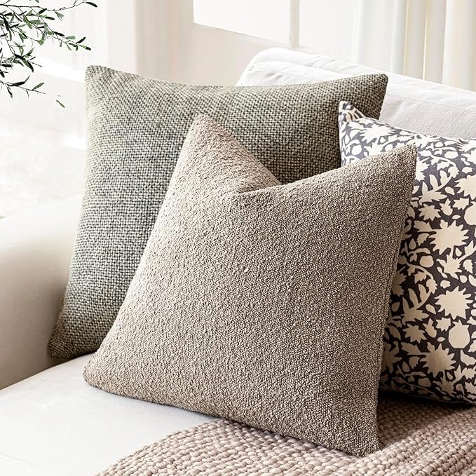 Foindtower Decorative Textured Boucle Throw Pillow Covers Accent Solid Pillow Cases Neutral Soft Cozy Couch Cushion Case for Chair Sofa Bedroom Living Room Home Decor 18x18 Inch,1PC,Light Taupe