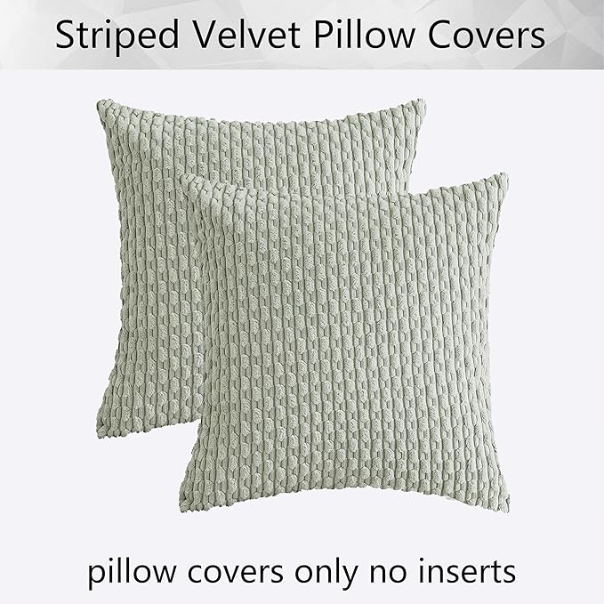 Kevin Textile Pack of 2 Corduroy Decorative Throw Pillow Covers 22x22 Inch Spring Soft Boho Striped Pillow Covers Modern Farmhouse Home Decor for Spring Sofa Living Room Couch Bed Light Green