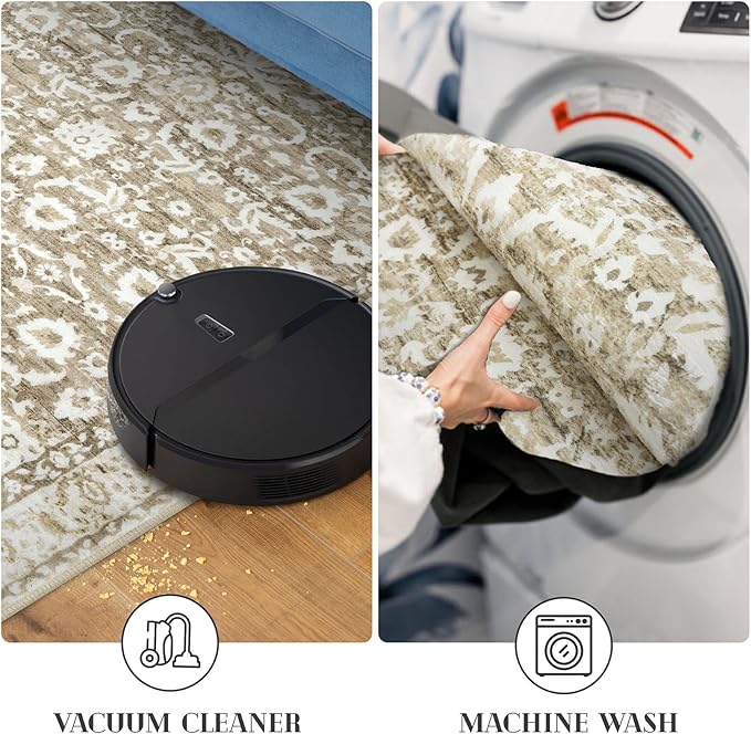 Vintage Floral 2x7 Runner Rug, Beige Tan White Washable Kitchen Runner Rug Non-Slip Hallway Rug Runner Super Soft Thin Printed Faux Wool Carpet for Entryway Bedroom Laundry Room Indoor