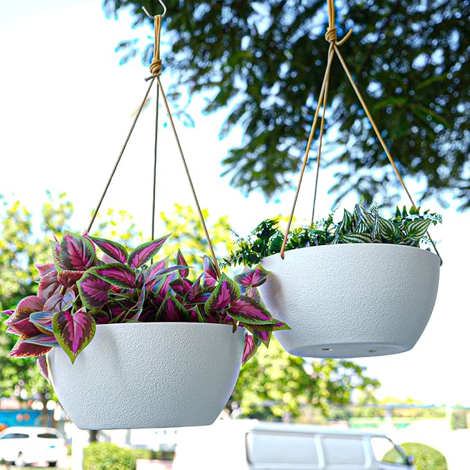 13 Inch 2 Pack Large Hanging Planters for Indoor Outdoor Plants, Plastic Hanging Basket Pots for House Plants Flowers, White