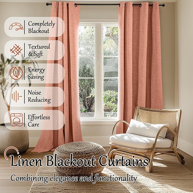 Lajode Terracotta Linen Blackout Curtains for Fall Living Room - 84 Inch Long Total Black Out Curtains for Bedroom, Thermal Insulated Room Darkening Light Blocking Curtains Each 52x84 Inch 2 Panels