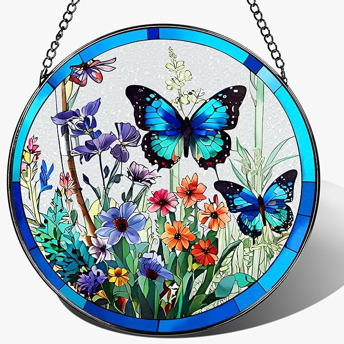 Stained Glass Window Hanging, 8 Inch Butterfly Sun Catchers Indoor Window, Suncatchers for Windows Hanging, Home Decoration and Christmas, Festival, Mother's Day, Birthday, Gifts for Women, Mom