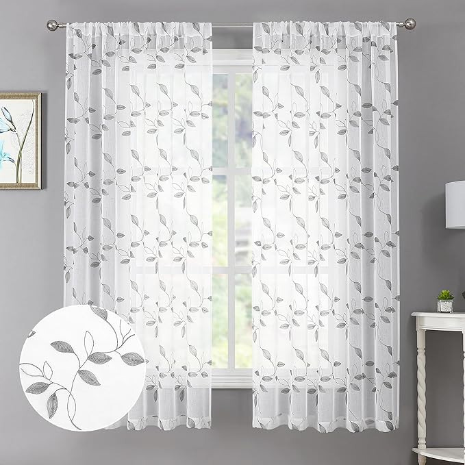 Tollpiz Grey Leaf Sheer Curtains Leaves Embroidered Living Room Curtain Rod Pocket Voile Window Treatments for Bedroom, 54 x 63 inches Long, Set of 2 Panels