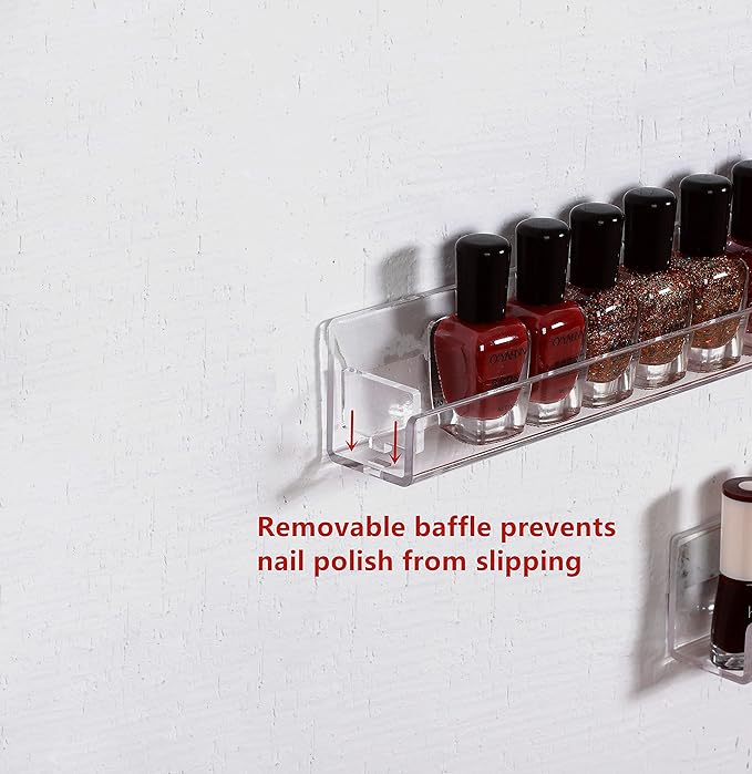 IEEK Nail Polish Rack Wall Mounted Shelf 2 Pack,Clear Kids Wall Bookshelf Acrylic Nail Polish Holder with Removable Anti-Slip End Inserts,2 Tiers Floating Polish Organizer Display 30 Bottles