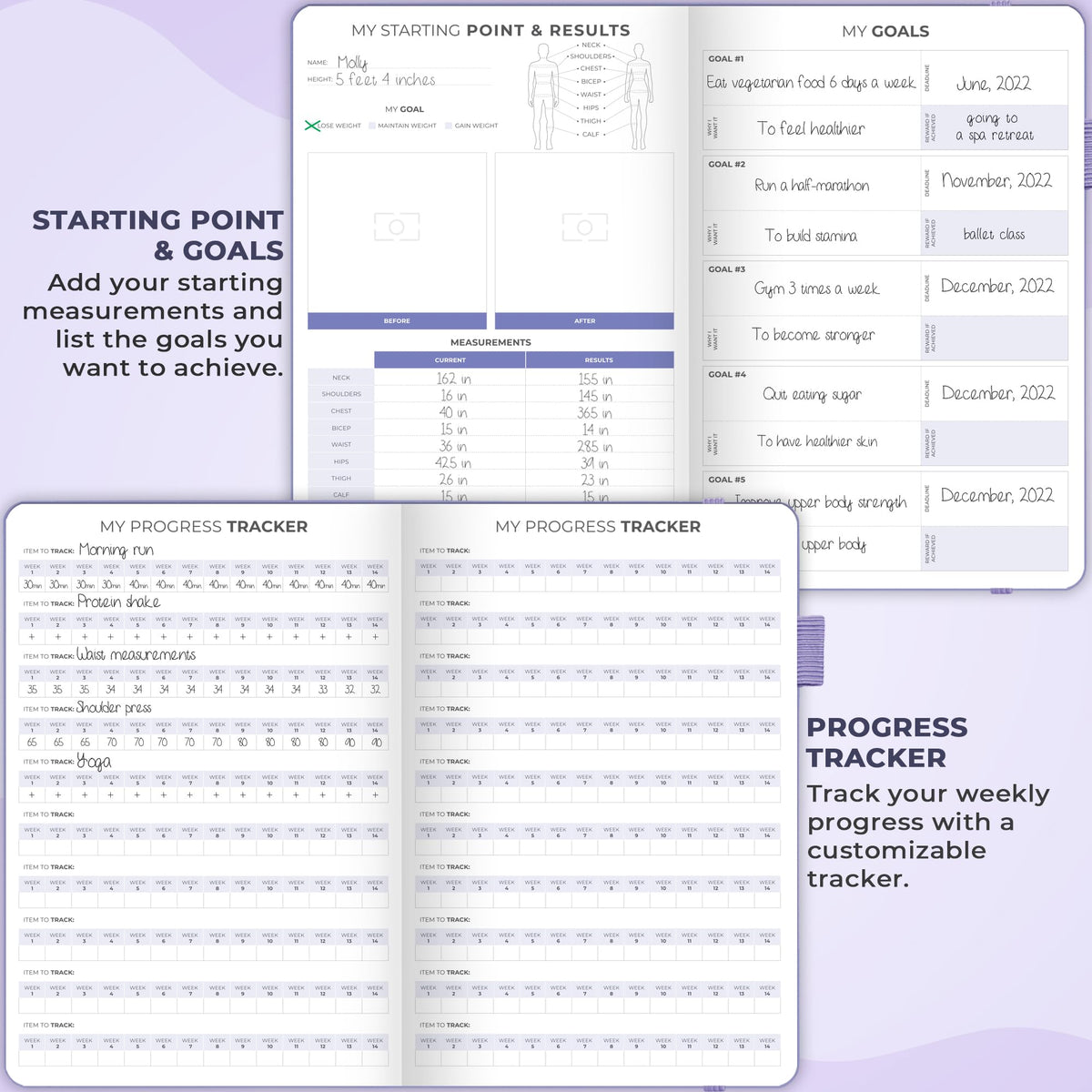 Clever Fox Fitness & Food Journal – Nutrition & Workout Planner for Women & Men – Diet & Gym Exercise Log Book with Calendars, Diet & Training Trackers - Undated, A5 Size, Hardcover (Lavender)